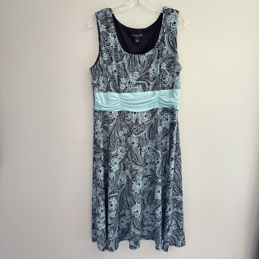 Perceptions New York Dress Womens L Blue Paisley Sleeveless Ruched A Line Midi